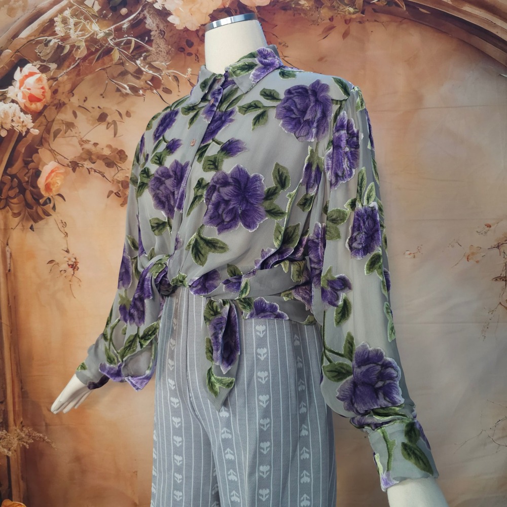 Vintage 1980s Blouse Top Shirt Silk Club Collection Purple Velvet Burnout Sheer
